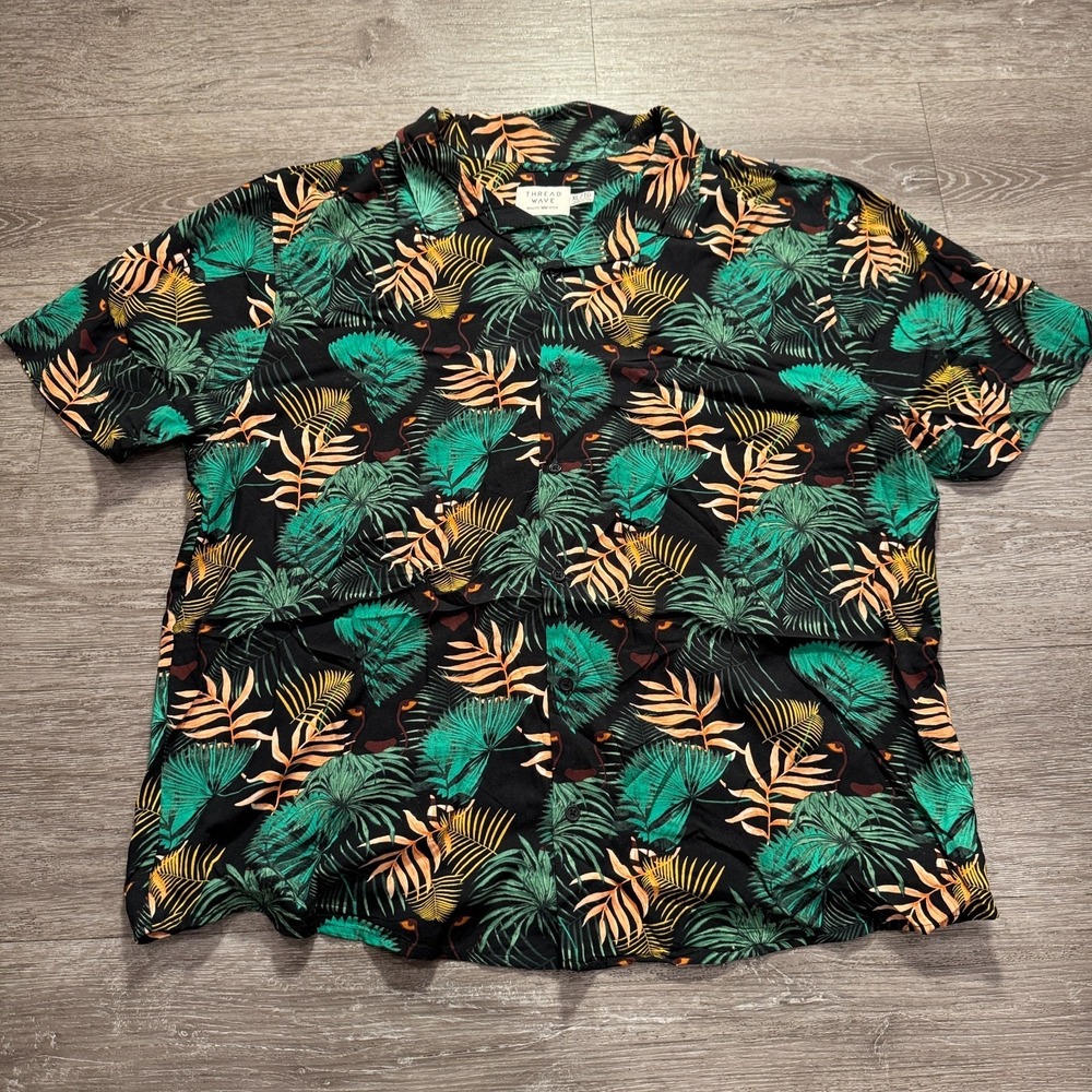 Thread Wave Shirt Mens XL Green Hawaiian Floral Palm AOP Costal Resort Camp